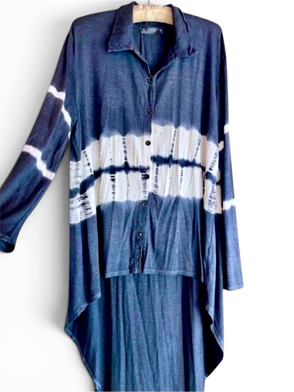T Party Button-Down Tunic | Navy Blue & White Shibori Tie-Dye Hi-Low | SZ M